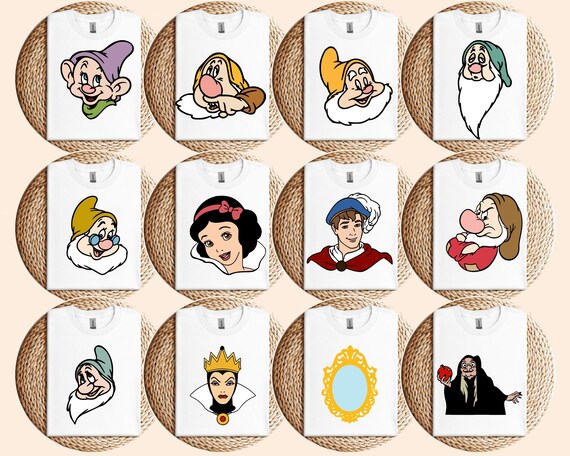 Snow White and Seven Dwarfs Head Bundle Svg Png, Princess Family