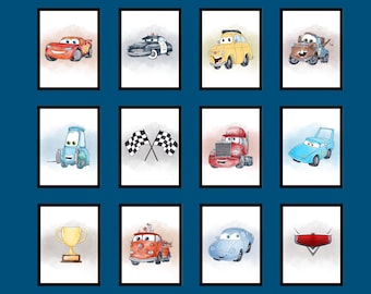 Juego de 12 pósteres de Rayo McQueen para pared, decoración de habitación infantil con acuarela, descarga digital