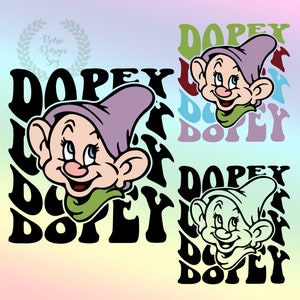 May include: A digital illustration of a cartoon character with a purple hat and a green scarf. The character is surrounded by the word "DOPEY" in a retro, psychedelic font.