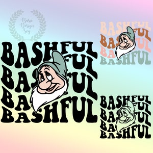 Puede incluir: Una ilustración digital de un enano de dibujos animados con un sombrero azul y barba blanca. El enano está rodeado de la palabra "Bashful" en una fuente retro y ondulada. La palabra se repite varias veces en diferentes tamaños y colores.