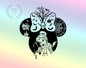 May include: Black Halloween-themed design featuring a silhouette of a princess, bats, a spiderweb, and a tree with a crow. The design includes the text "Happy Halloween" and a spooky pumpkin. The background has a gradient of pastel colors.