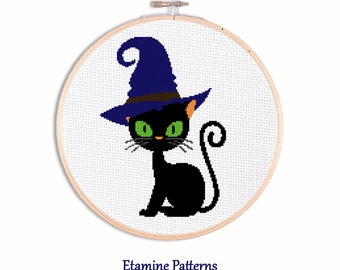 Black Cat Cross Stitch Pattern Pdf, Halloween Cat Cross Stitch Pattern Chart, Black Cat With Witch Hat Cross Stitch Pattern, Halloween Decor