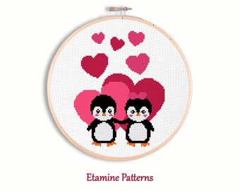 Schema punto croce pinguino per San Valentino, ricamo a punto croce (PDF)