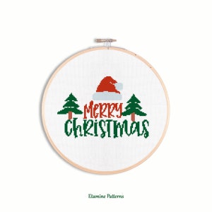 Merry Christmas Cross Stitch PDF Pattern: Tall Pine Tree and Santa Claus Hat