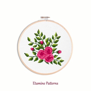 バラの花束のクロスステッチ パターン、PDF クロスステッチ チャート、モダンな数え刺繍パターン、花のクロスステッチ チャート、ピンクのバラのクロスステッチ