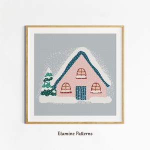 Cross Stitch Pattern Winter Cozy Pink House, Instant Download PDF Snowy Cottage Hand Embroidery, Cute Christmas Handmade Gifts