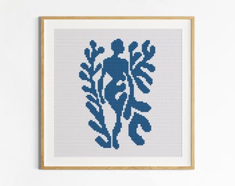 Matisse Style Blue Silhouette PDF Cross Stitch Pattern, Digital Download Modern Art Embroidery
