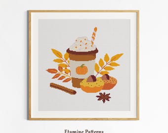 Pumpkin Spice Latte Cross Stitch Pattern, Instant Download PDF Autumn Coffee Easy Hand Embroidery