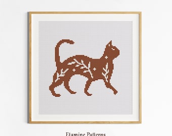 Folk Art Cat Cross Stitch PDF Pattern, Minimalist Primitive Kitty Embroidery