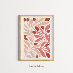 Puede incluir: Un patrón de punto de cruz con un diseño floral con hojas y flores rosas y rojas. El patrón está enmarcado en un marco de madera claro. El texto "Etamine Patterns" está impreso debajo del marco.
