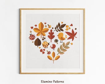 Autumn Heart Cross Stitch PDF Pattern: Fall Embroidery