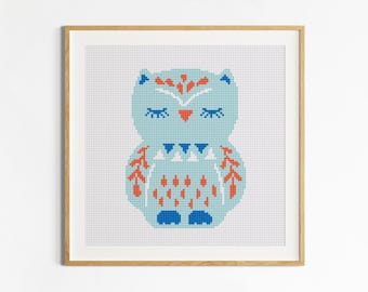 Folk Art Blue Owl Cross Stitch PDF Pattern