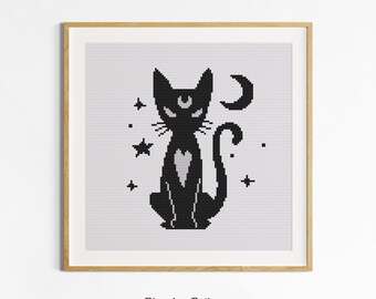 Moonlight Black Cat Cross Stitch Pattern, Witchy Halloween Embroidery PDF