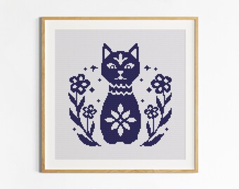 Scandinavian Floral Cat Cross Stitch PDF Pattern, Modern Folk Art Embroidery