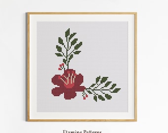 Red Floral Corner Cross Stitch Pattern, Elegant Flower Border for Linens and Gifts