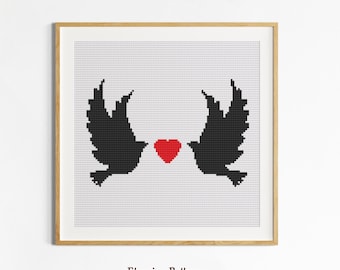 Love Birds Heart Cross Stitch PDF Pattern, Minimal Valentine’s Day Decor
