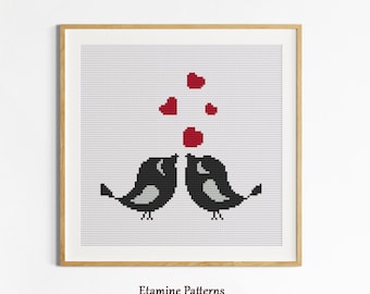 Love Birds Cross Stitch PDF Pattern, Minimal Romantic Embroidery