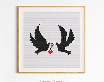 Love Birds Silhouette Cross Stitch PDF Pattern, Minimal Modern Embroidery