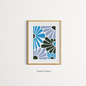 Modello Pdf a punto croce con fiori blu, motivo a punto croce con fiori, punto croce regalo fatto a mano, motivo a punto croce con decorazioni astratte
