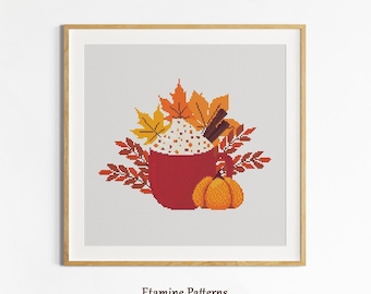 Cross Stitch Pattern Autumn Pumpkin Spice Cinnamon Latte, Instant Download PDF