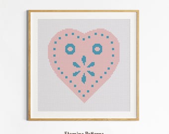 Folk Heart Cross Stitch Pattern, Valentine Decor