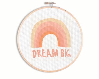 Modèle de point de croix arc-en-ciel Dream Big, texte motivant (PDF)