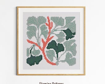 Modern Botanical Cross Stitch Pattern PDF, Green Plant Embroidery