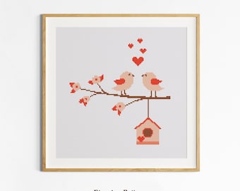 Love Birds Cross Stitch PDF Pattern, Valentine’s Day Embroidery