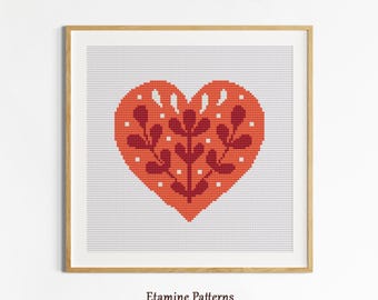 Folk Art Heart Cross Stitch PDF Pattern,  Valentine Embroidery