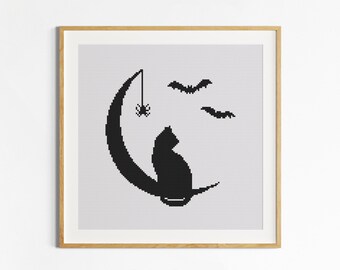 Halloween Cat Cross Stitch Pattern, Gothic Embroidery PDF