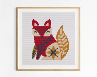 Scandinavian Folk Art Fox Cross Stitch PDF Pattern, Modern Christmas Wall Art