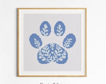 Pet Paw Cross Stitch Pattern, Floral Animal Paw Design