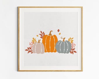 Pumpkins and Autumn Leaves PDF Cross Stitch Pattern: Fall Decor