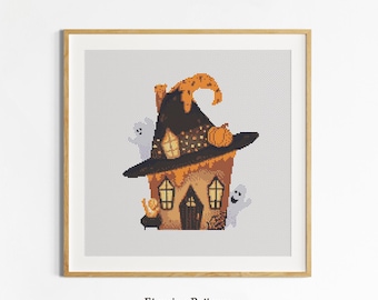 Halloween Haunted House PDF Cross Stitch Pattern: Spooky Ghost Pumpkin Embroidery