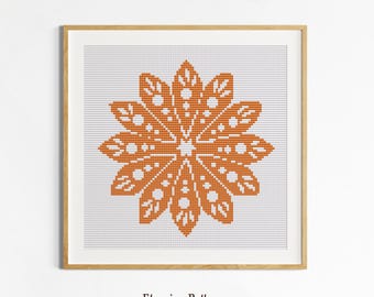 Orange Mandala Cross Stitch PDF Pattern, Minimal Floral Folk Art Design