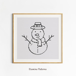 May include: A framed cross-stitch pattern of a snowman. The snowman is black and white, with a hat, scarf, and twig arms. The snowman has a carrot nose and button details. The text "Etamine Patterns" is at the bottom.