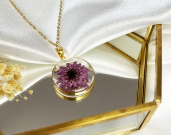 Collier Pendentif Globe – Fleur Séchée Naturelle Blanche – Verre – Sans Marque