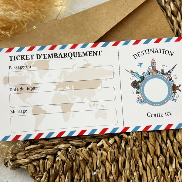 Carte voyage personnaliée  - Ticket embarquement cadeau personnalisable - Billet avion week-end, vacances surprise - Boarding pass à gratter