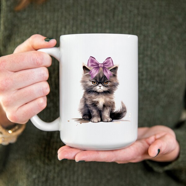 Tasse à café chat avec ruban violet pour le printemps Balletcore tasse à thé pour nouveau propriétaire tasse à café cadeau pour amoureux des chats cadeau d'anniversaire pour elle