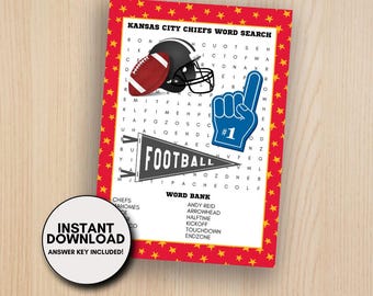 Kansas City Chiefs Wortsuchlauf | Häuptlinge Wortsuchlauf zum Ausdrucken | NFL Digitaler Download Wortsuchlauf | Klassenzimmer Arbeitsplatz Kneipe Roadtrip Spiel