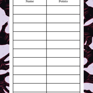May include: A black and white printable scorecard with the title "Horror Movie Trivia Scorecard". The scorecard has two columns labelled "Name" and "Points".