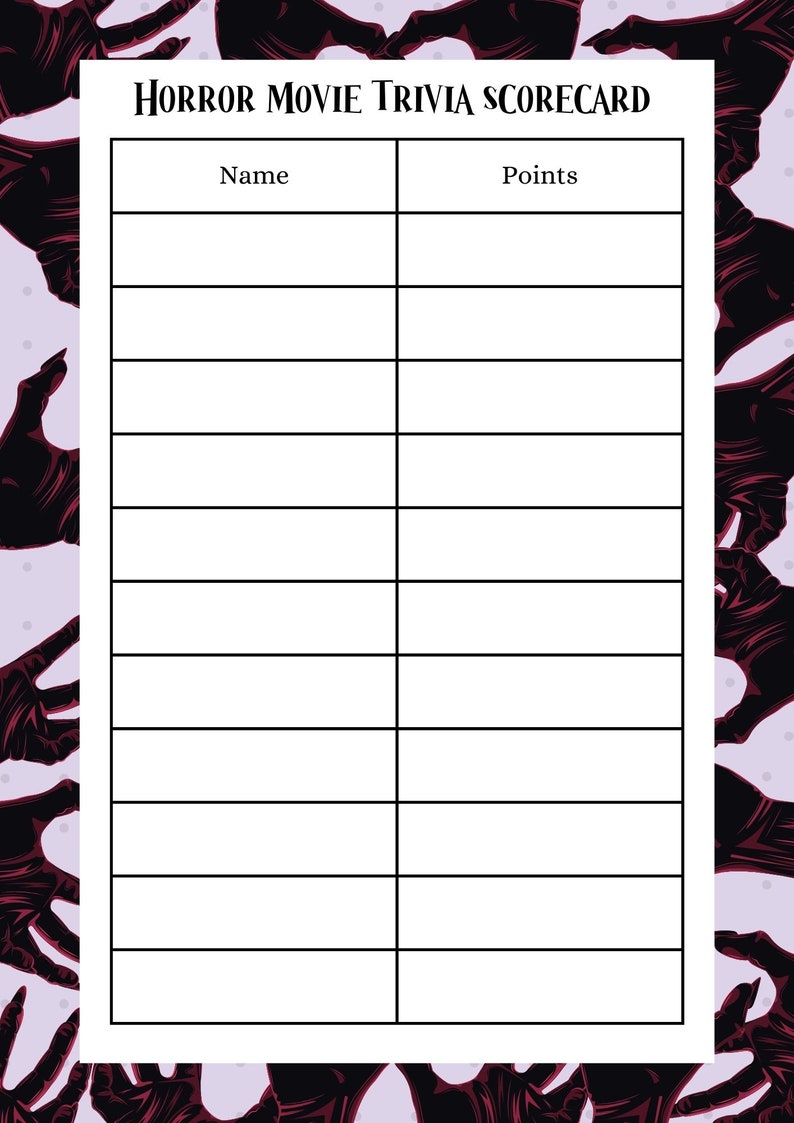May include: A black and white printable scorecard with the title "Horror Movie Trivia Scorecard". The scorecard has two columns labelled "Name" and "Points".