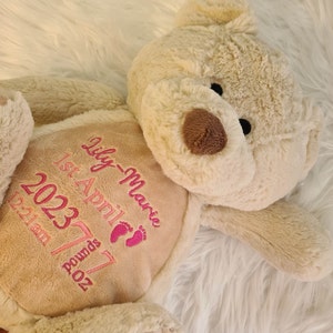Personalised teddy bear embroidered with babies birth details makes a perfect newborn gift    Customised bear baby gift teddy bear