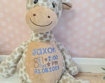 Personalised giraffe teddy bear embroidered with babies birth details newborn gift Customised bear baby gift embroidere teddy