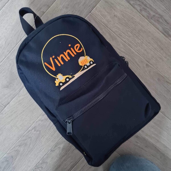 Personalised toddler backpack embroidered with digger design and name.  navy back pack perfect for small children child's bag customised bag