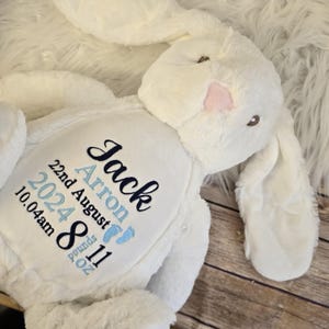 Personalised teddy bear embroidered with babies birth details makes a perfect newborn gift    Customised bear baby gift bunny teddy
