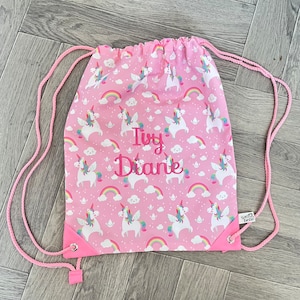 Personalised unicorn drawstring bag perfect for childrens pe bag embroidered with name