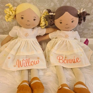 Personalised doll soft doll with embroidered name. Perfect for 1st birthday or new baby gift customised doll with name