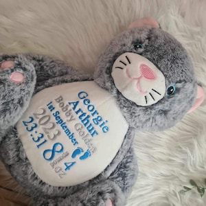 Personalised teddy bear embroidered with babies birth details makes a perfect newborn gift      Customised bear baby gift cat teddy