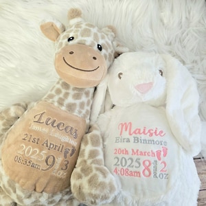 Personalised newborn gift embroidered teddy bear for new baby. Giraffe and bunny plush teddy with customised name. Keepsake baby item